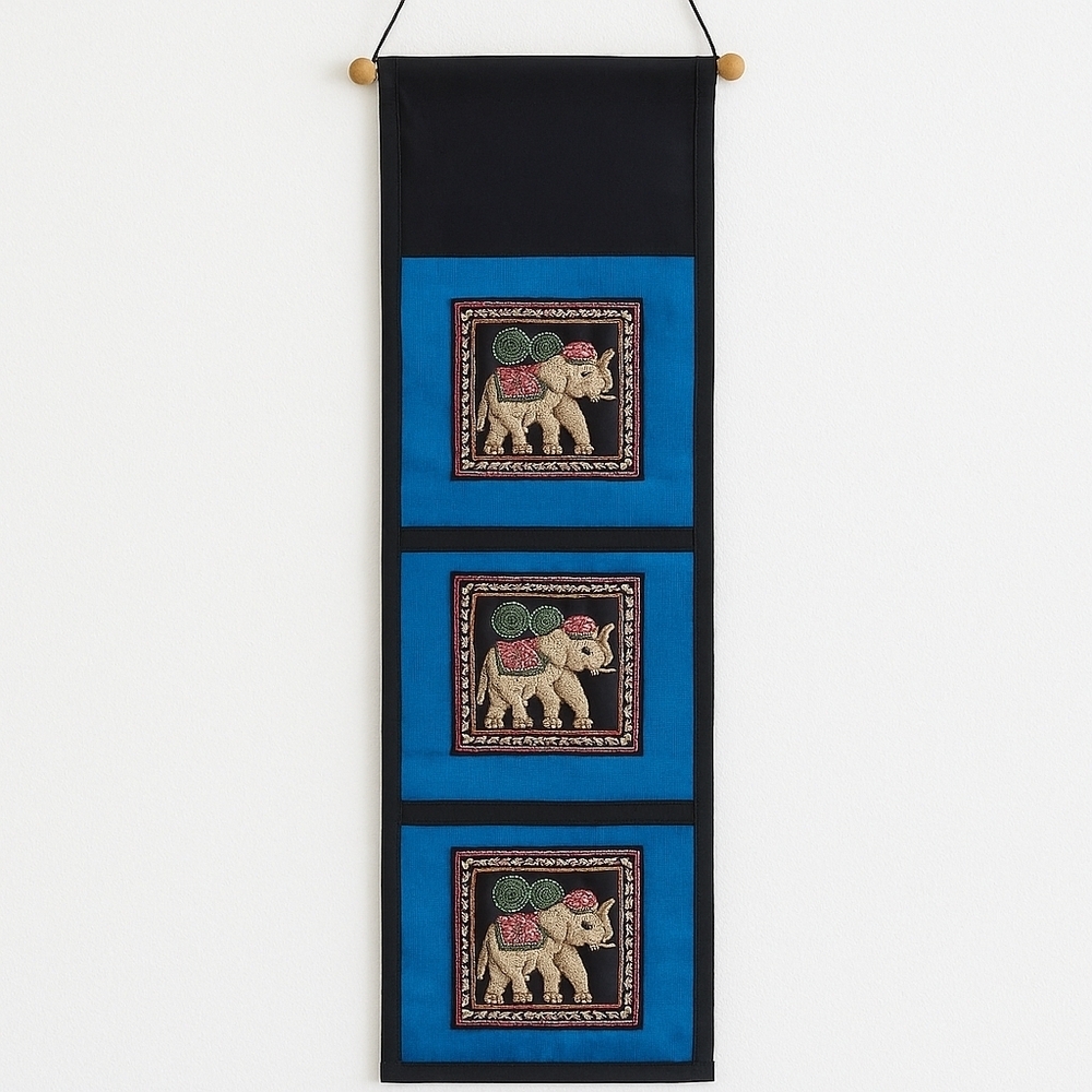 Boho Wall Hanging Embroidered Elephant Textile Art Blue Bohemian Decor